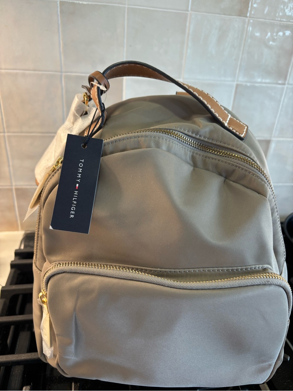 NEW - Tommy Hilfiger Taupe Nylon Backpack with Gold Hardware